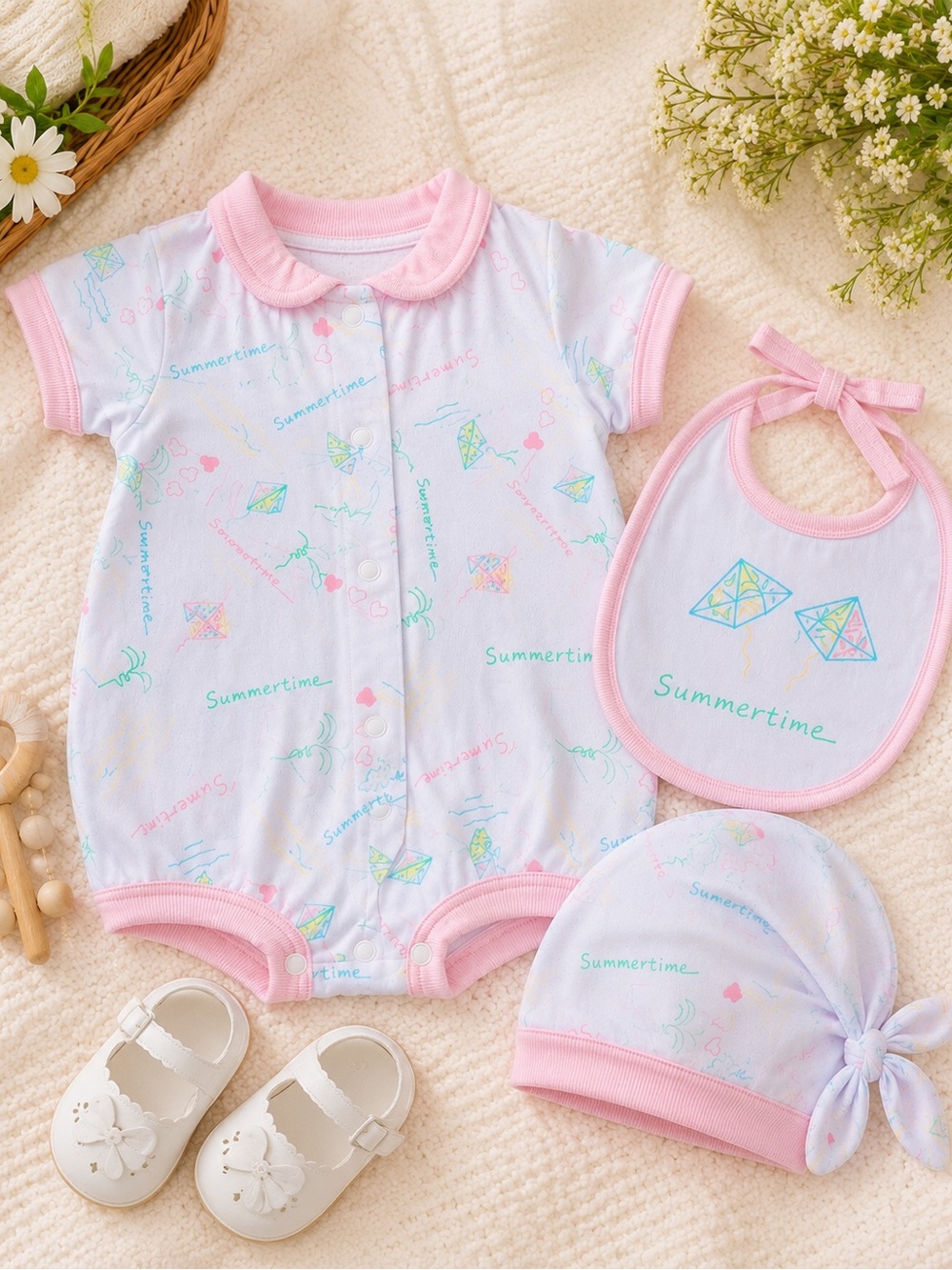 HAPPY KIDS Summer Beach Outfit 3 Pc Bubble Romper Bib Hat Baby Girl 6-9 Months